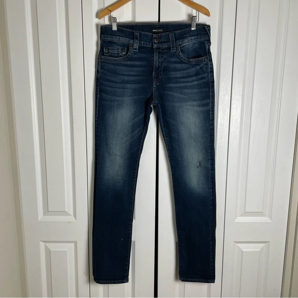 True Religion Relaxed Skinny Rocco Jeans Men’s 32 Blue Dark Wash Grunge Distress